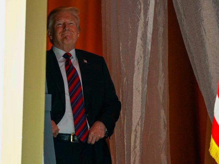 President Donald Trump waits to be introduced to speak at the Susan B. Anthony List 11th Annual Campaign for Life Gala at the National Building Museum, Tuesday, May 22, 2018, in Washington.