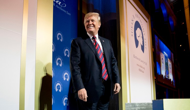 President Trump smiles as he leaves after speaking at the Susan B. Anthony List 11th Annual Campaign for Life Gala at the National Building Museum. 
