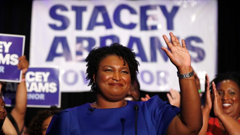 Democratic candidate for Georgia Governor Stacey Abrams waves to supporters after speaking at an election-night watch party Tuesday, May 22, 2018, in Atlanta.