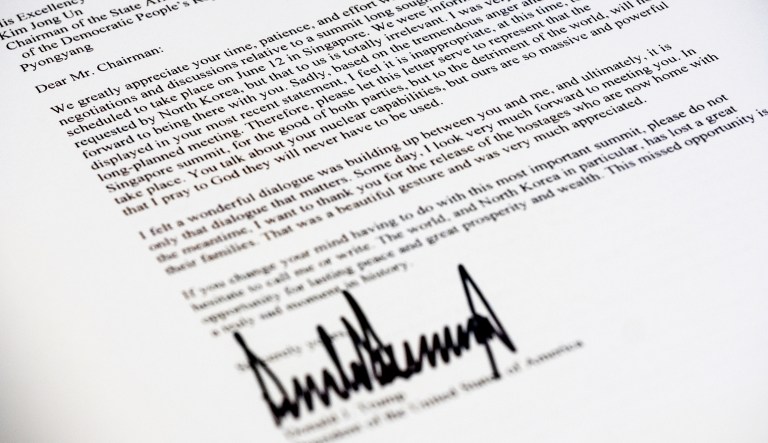 A copy of the letter sent to North Korean leader Kim Jong Un from President Trump canceling their planned summit in Singapore is photographed in Washington on May 24, 2018.