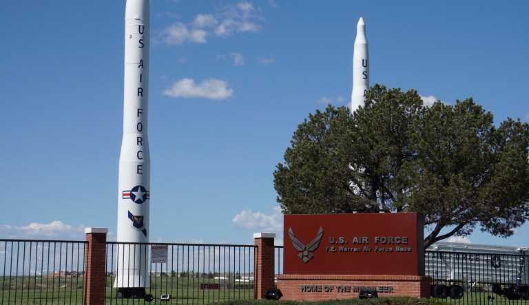 The entrance to F.E. Warren Air Force Base in Cheyenne, Wyoming, is seen Thursday, May 24, 2018.