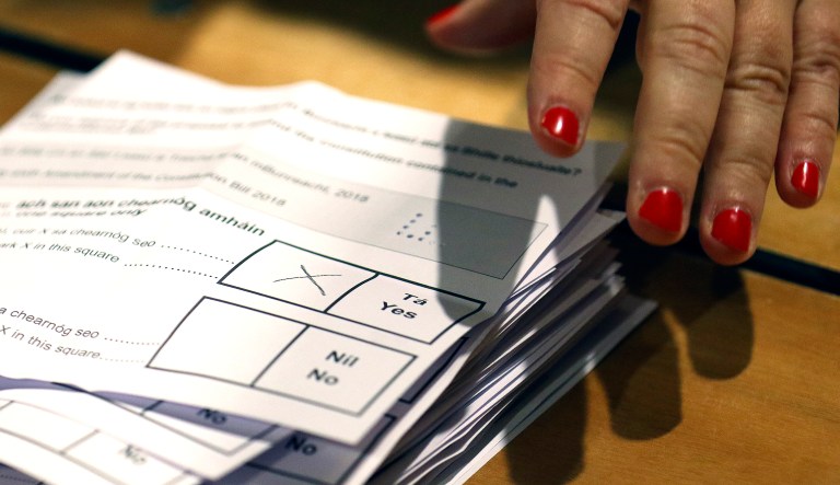 Counting of votes begins in the Irish referendum on the 8th Amendment of the Irish Constitution, in Dublin, Ireland, on Saturday. Official counting began Saturday in Ireland's historic abortion rights referendum, with two exit polls predicting an overwhelming victory for those seeking to end the country's strict ban.