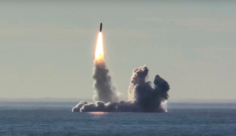 Russian nuclear submarine Yuri Dolgoruky test-fires the Bulava missiles from the White Sea on May 22, 2018. 