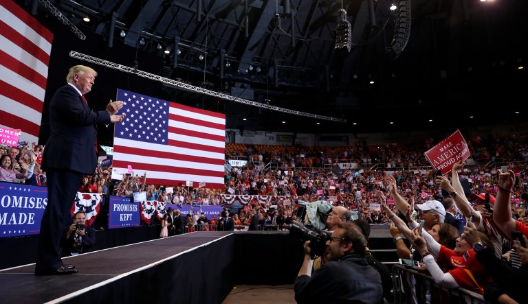 President Donald Trump arrives to speak at a rally at the Nashville Municipal Auditorium, Tuesday, May 29, 2018, in Nashville, Tenn.
