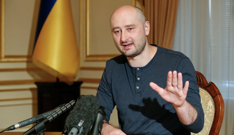 Russian journalist Arkady Babchenko speaks during an interview with foreign media in Kiev, Ukraine, on Thursday. Babchenko detailed the deception to reporters Thursday for the first time since Ukrainian authorities revealed they had staged his death to foil an alleged plot on his life by Moscow's security services.