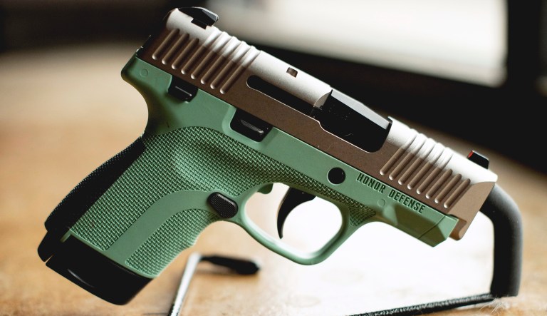 A .9mm handgun produced by Honor Defense, a gunmaker in Gainesville, Ga., is displayed.