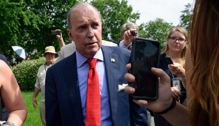 Senior White House economic adviser Larry Kudlow speaks to reporters at the White House in Washington, Friday, June 1, 2018.