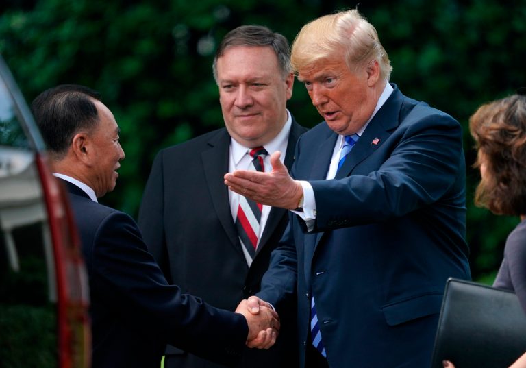 President Donald Trump shakes hands with Kim Yong Chol, former North Korean military intelligence chief, after their meeting in the Oval Office of the White House in Washington, D.C. on Friday, June 1, 2018. 