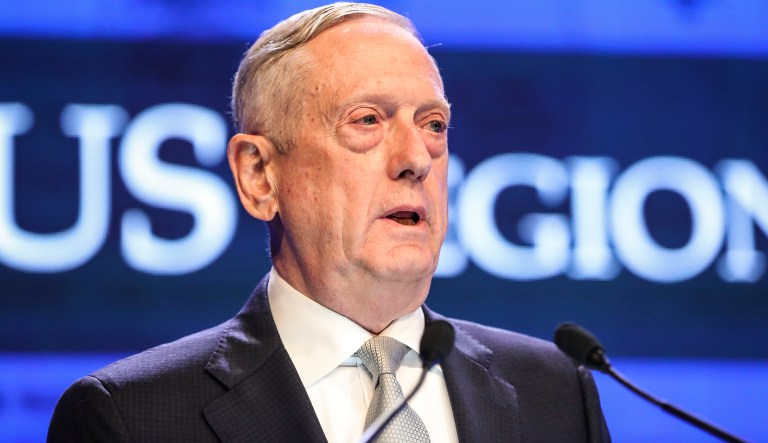 U.S. Defense Secretary Jim Mattis delivers his speech during the first plenary session of the 17th International Institute for Strategic Studies (IISS) Shangri-la Dialogue, an annual defense and security forum in Asia, in Singapore, Saturday, June 2, 2018, in Singapore.