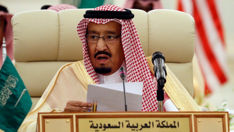 Saudi King Salman speaks during a meeting of the Saudi-Iraqi Bilateral Coordination Council.