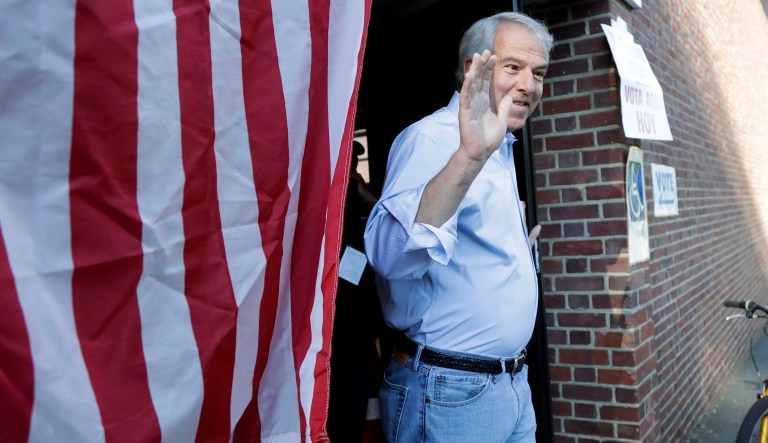 Bob Hugin, a Republican candidate running in New Jersey primary election for U.S. Senate, gestures while exiting his polling place after casting his vote in the New Jersey Primary Election, Tuesday, June 5, 2018, at the Lincoln-Hubbard School in Summit, N.J.