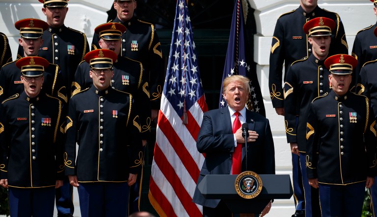 President Donald Trump sings the national anthem during a "Celebration of America" event at the White House, Tuesday, June 5, 2018, in Washington, in lieu of a Super Bowl celebration for the NFL's Philadelphia Eagles that he canceled.