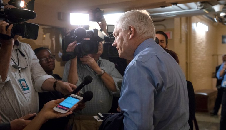 House Rules Committee Chairman Pete Sessions, R-Texas, answers questions from reporters as House Republicans try to bridge their party's internal struggle over immigration at a closed-door meeting on Capitol Hill in Washington, Thursday, June 7, 2018. Top Republicans want to head off an election-year showdown that divides the party.