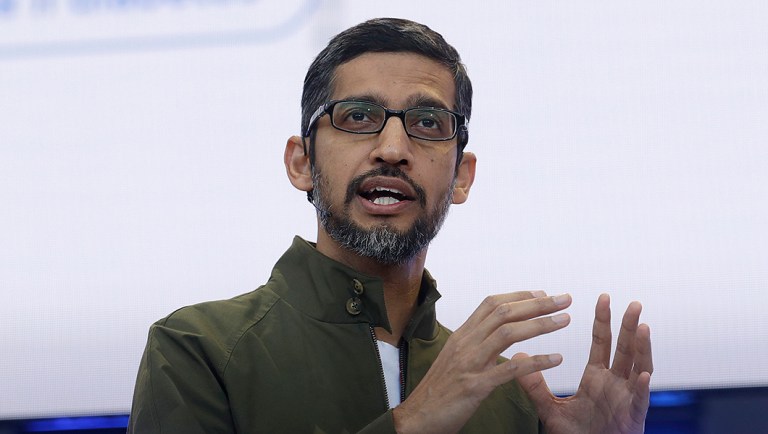 Google CEO Sundar Pichai speaks at the Google I/O conference in Mountain View, Calif.