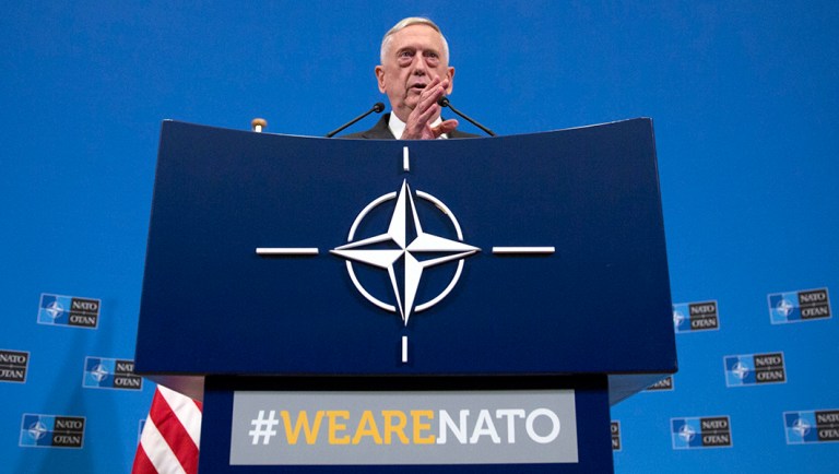 Secretary for Defense Jim Mattis speaks during a media conference.