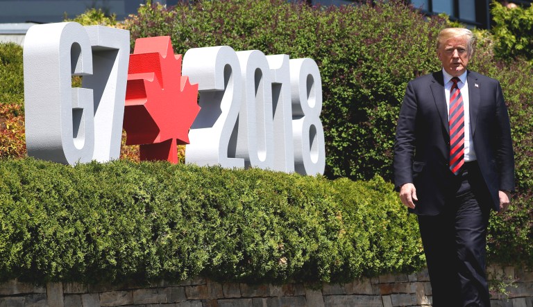President Trump arrives to participate in the G7 Summit welcome ceremony on Friday in Charlevoix, Canada.