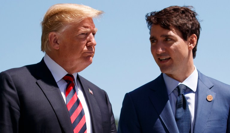 President Trump talks with Canadian Prime Minister Justin Trudeau during a G-7 Summit. 