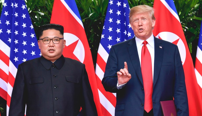 President Trump makes a statement before saying goodbye to North Korea leader Kim Jong Un after their meetings at the Capella resort on Sentosa Island on Tuesday in Singapore.