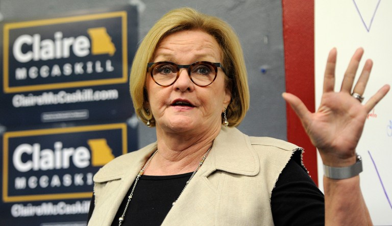 Sen. Claire McCaskill, D-Mo., speaks to supporters at the opening of her campaign field office in Ferguson, Mo., on May 18, 2018.