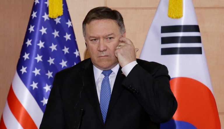 Secretary of State Mike Pompeo listens to a question during a press conference with South Korean Foreign Minister Kang Kyung-wha following their meeting in Seoul on June 14, 2018.