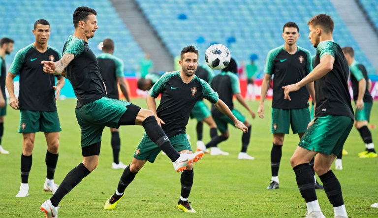 Portuguese soccer players play during Portugal's official training on the eve of the group B match between Portugal and Spain at the 2018 soccer World Cup in the Fisht Stadium in Sochi, Russia, on Thursday.