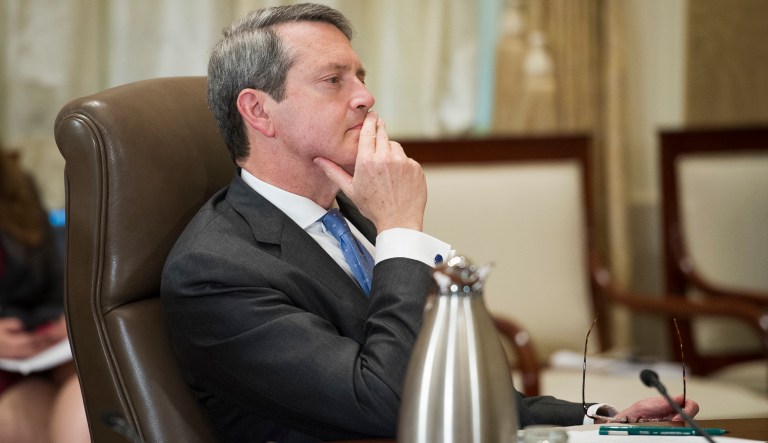 Federal Reserve Board Vice Chair Randal Quarles listens during an open meeting in Washington, Thursday, June 14, 2018. The board is meeting to discuss the final rule to establish single-counterparty credit limits for large U.S. bank holding companies and foreign banks.