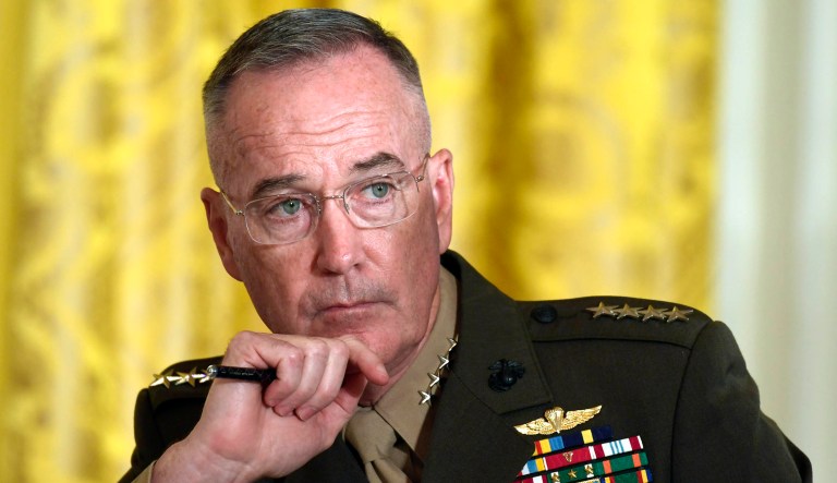 Gen. Joseph Dunford, the chairman of the Joint Chiefs of Staff, listens during the National Space Council meeting in the East Room of the White House in D.C.