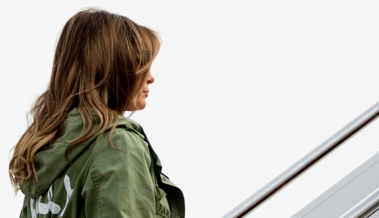 First lady Melania Trump boards a plane at Andrews Air Force Base, Md., on Thursday to travel to Texas.