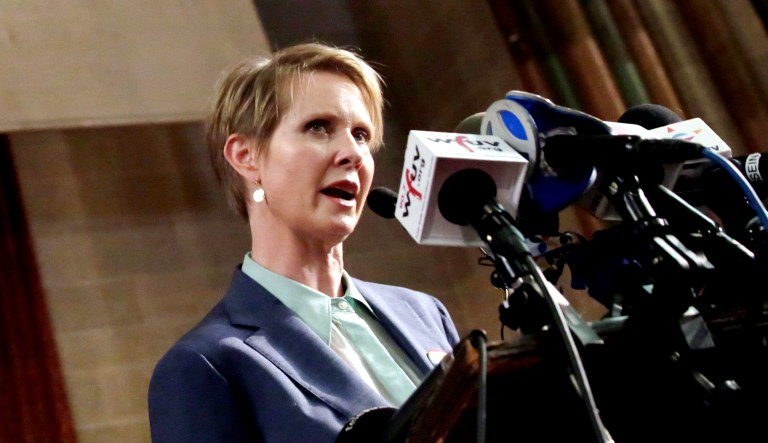 Actress and New York gubernatorial candidate Cynthia Nixon delivers her remarks at the St. Paul & St. Andrew Methodist Church in New York on Thursday.