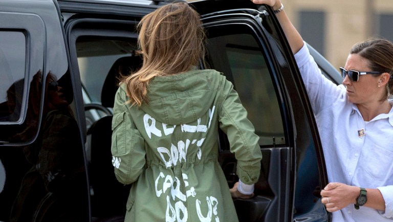 First lady Melania Trump wearing a jacket that says, "I really don't care. Do u?"