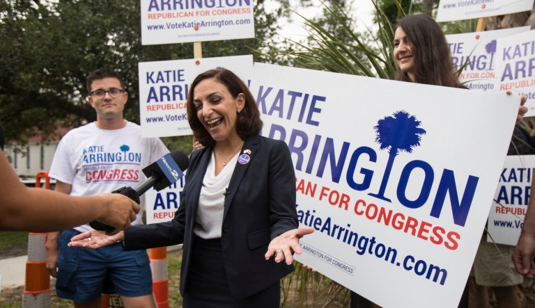 In this June 12 file photo, South Carolina Rep. Katie Arrington, who is running for the first district of South Carolina, campaigns in the primary election at Bethany United Methodist Church in Summerville.
