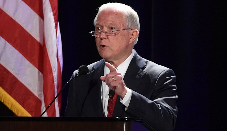 U.S. Attorney General Jefferson Sessions talks about immigration at the NASRO School Safety Conference at the Peppermill Resort on Monday, June 25, 2018, in Reno, Nev.