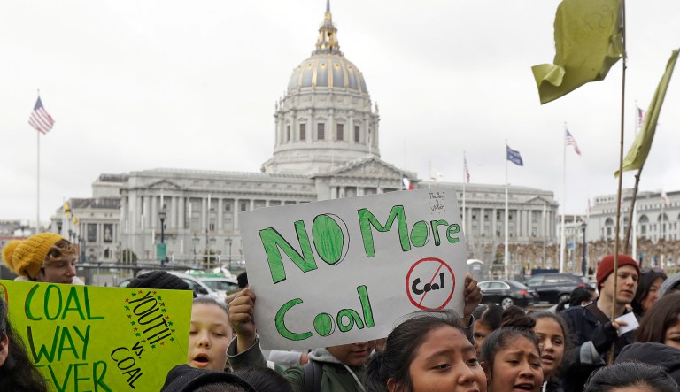 Students rally for clean energy in front of San Francisco City Hall on Feb. 28, 2018.