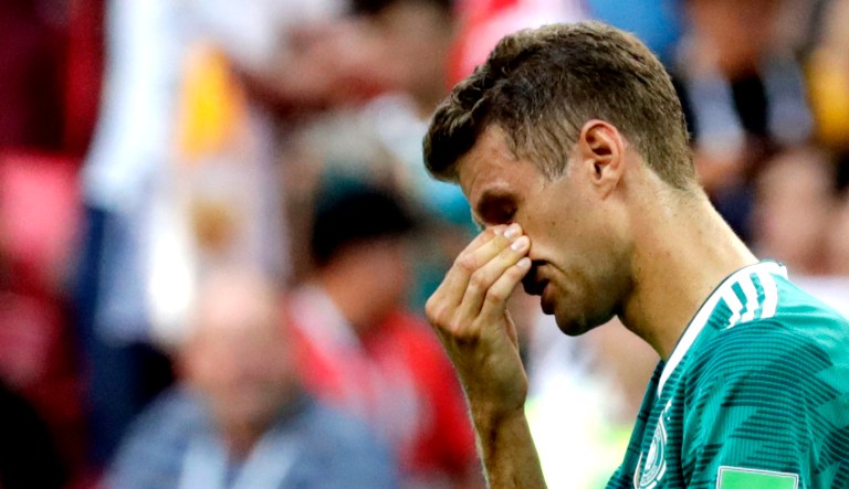 Germany's Thomas Mueller wipes his face after the group F match between South Korea and Germany, at the 2018 soccer World Cup in the Kazan Arena in Kazan, Russia, on Wednesday.