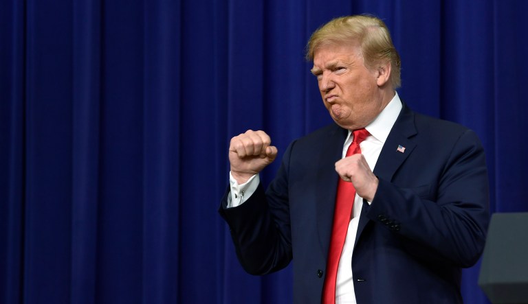 President Trump gestures to the audience after speaking at an event called "Face-to-Face with our Future" on June 27, 2018, in the South Court Auditorium on the White House complex in Washington.