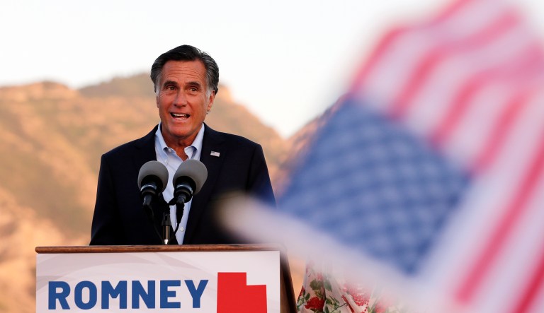 In this Tuesday, June 26, 2018 photo, Mitt Romney, former GOP presidential nominee, addresses supporters at during an election night party in Orem, Utah.