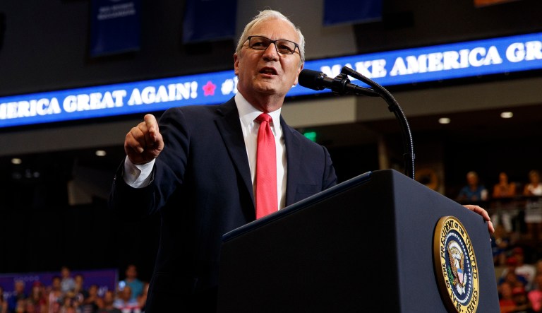 Senate candidate Rep. Kevin Cramer, R-N.D., speaks during a campaign rally, June 27, 2018, in Fargo, N.D.