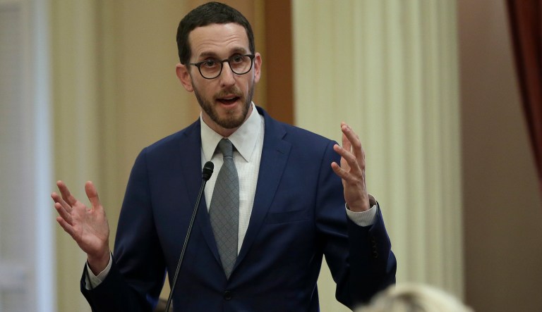 State Sen. Scott Wiener, D-San Francisco, urges members of the Senate to reject a soda tax measure, Thursday, June 28, 2018, in Sacramento, Calif. Lawmakers passed the bill to ban local taxes on soda for the next 12 years and sent it to Gov. Jerry Brown.