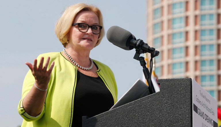 Sen. Claire McCaskill, D-Mo., speaks at the dedication for Gateway Arch National Park Tuesday, July 3, 2018, in St. Louis. The $380 million renovation to the park surrounding the Gateway Arch is the first major renovation since the monument opened in 1965 and one Missouri political leaders see as a template for the future of the national park system.