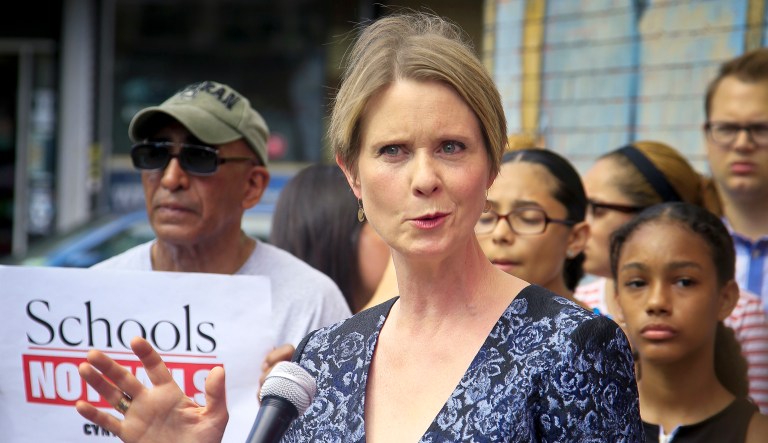 New York candidate for governor Cynthia Nixon speaks during press conference after an endorsement from New York City Council Member Antonio Reynoso on July 5, 2018.