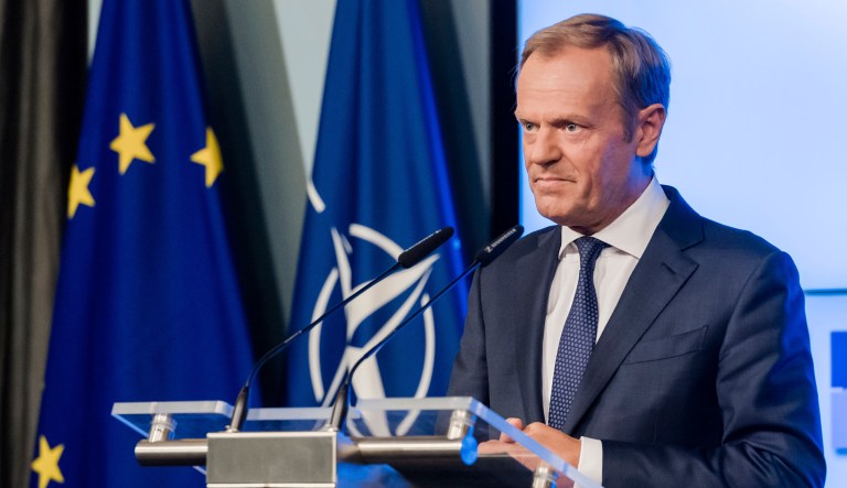 European Council President Donald Tusk addresses the media after the signature of the second EU NATO Joint Declaration in Brussels on Tuesday. The Joint Declaration between NATO and the European Union commits the partners on cooperation and security.