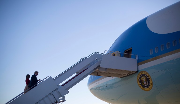 President Donald Trump and first lady Melania Trump board Air Force One, Tuesday, July 10, 2018, at Andrew Air Force Base, Md. Trump is traveling on a weeklong trip to Europe on a four-nation tour, with stops in Belgium, England, Scotland and Finland.