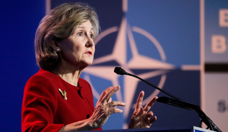U.S. Ambassador to NATO Kay Bailey Hutchison speaks during a media conference at NATO headquarters on the eve of a summit of the NATO heads of state and government in Brussels on Tuesday, July 10, 2018.
