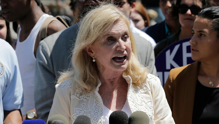 Congresswoman Carolyn Maloney speaks at a rally.