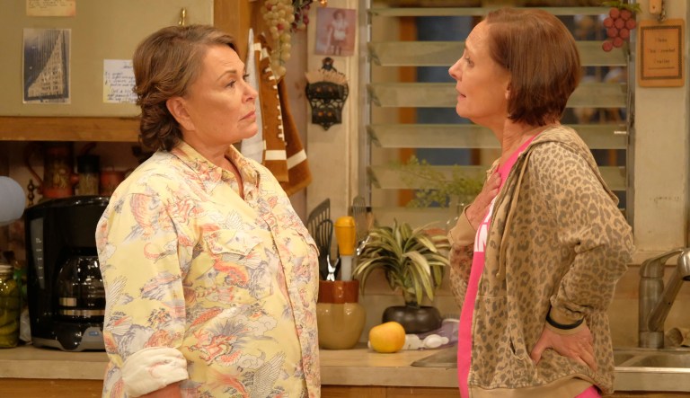 In this image released by ABC, Roseanne Barr, left, and Laurie Metcalf appear in a scene from the comedy series "Roseanne." Mefcalf was nominated Thursday for an Emmy for outstanding supporting actress in a comedy series. The 70th Emmy Awards will be held on Monday, Sept. 17.  
