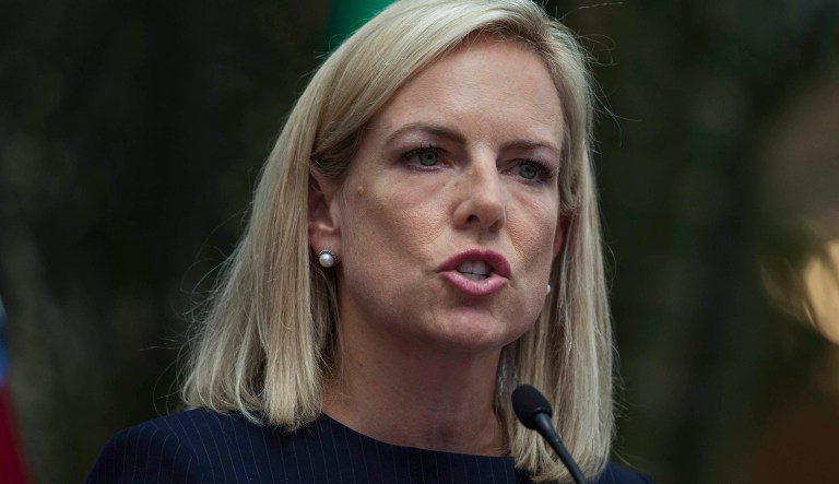 U.S. Homeland Security Secretary Kirstjen Nielsen speaks during a press conference with the Central American and Mexican foreign ministers in Guatemala City, Tuesday, July 10, 2018.
