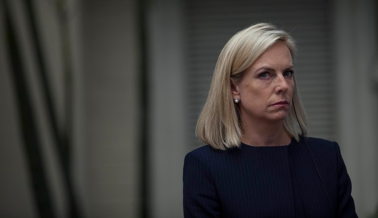 Homeland Security Secretary Kirstjen Nielsen stands during a press conference with the Central American and Mexican foreign ministers in Guatemala City on July 10, 2018.
