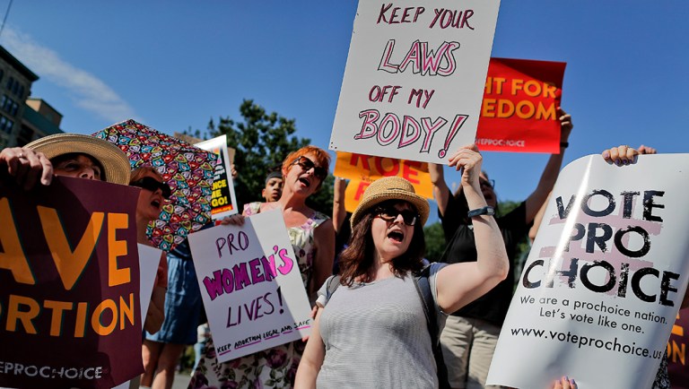 Women demonstrate during a pro-choice rally in New York.