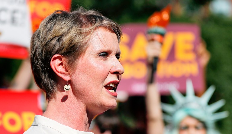New York gubernatorial candidate Cynthia Nixon speaks during a rally.