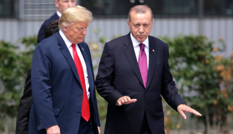 President Trump, left, talks with Turkish President Recep Tayyip Erdogan during a summit of heads of state and government at NATO headquarters in Brussels Wednesday, July 11, 2018.